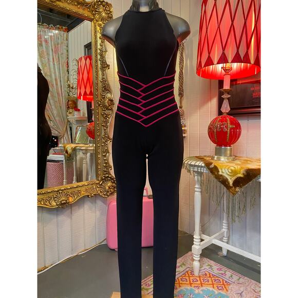 vintage 1980s black stretch jumpsuit and cropped jacket magenta chevron club xs - Picture 3 of 11